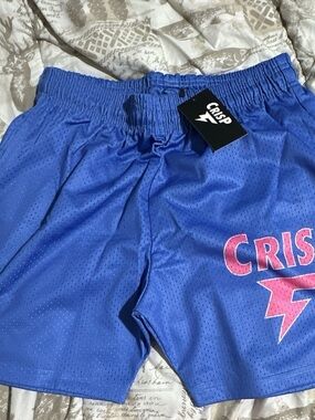CRISP Unisex Blue Mesh Basketball Shorts Size L Drawstring Elastic Waist Logo